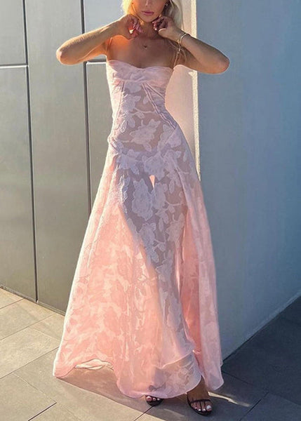 Lace Pink Sleeveless Elegant Up Spaghetti Strap Dress FashionChic