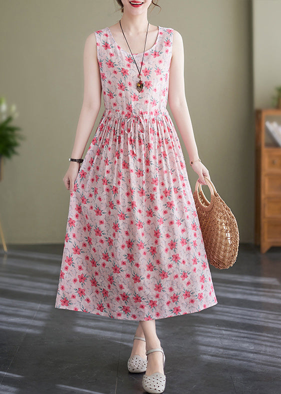 Elegant Pink Lace Up Wrinkled Print Cotton Long Dress Sleeveless JH036 MMDM-SDL240717