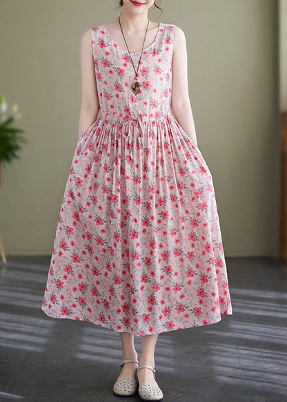 Elegant Pink Lace Up Wrinkled Print Cotton Long Dress Sleeveless JH036 MMDM-SDL240717