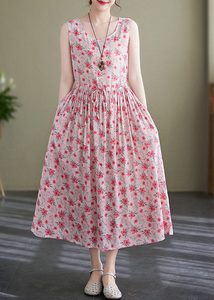 Elegant Pink Lace Up Wrinkled Print Cotton Long Dress Sleeveless JH036 MMDM-SDL240717