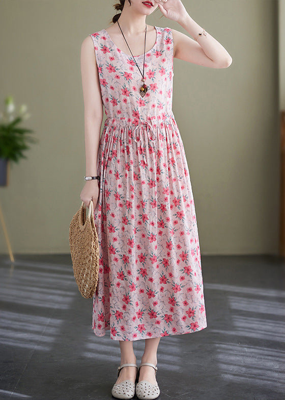 Elegant Pink Lace Up Wrinkled Print Cotton Long Dress Sleeveless JH036 MMDM-SDL240717
