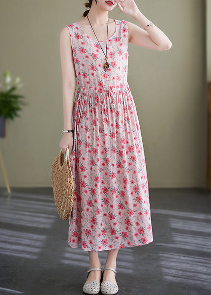 Elegant Pink Lace Up Wrinkled Print Cotton Long Dress Sleeveless JH036 MMDM-SDL240717