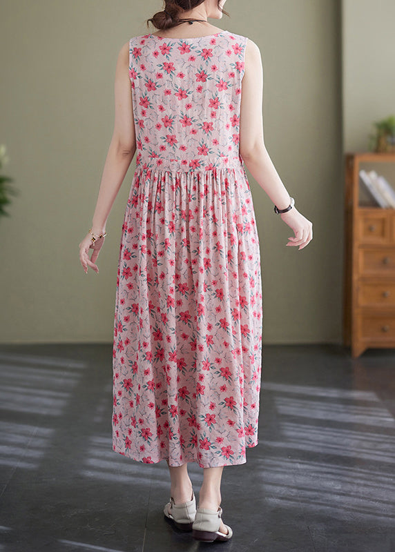 Elegant Pink Lace Up Wrinkled Print Cotton Long Dress Sleeveless JH036 MMDM-SDL240717