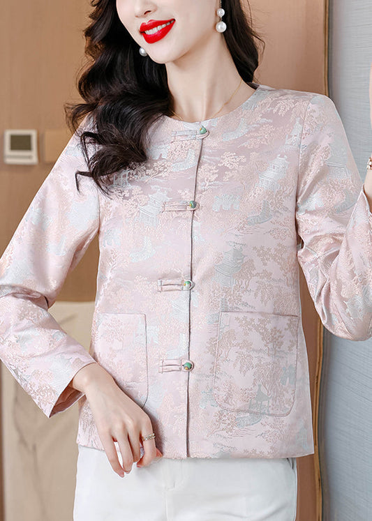 Elegant Pink O Neck Button Pockets Silk Coat Fall QO010 MZF-CTS241008