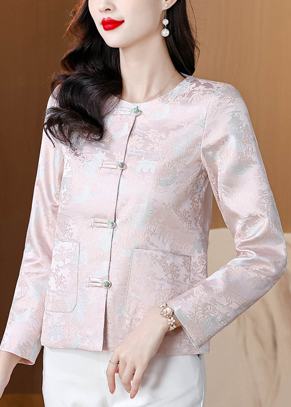 Elegant Pink O Neck Button Pockets Silk Coat Fall QO010 MZF-CTS241008