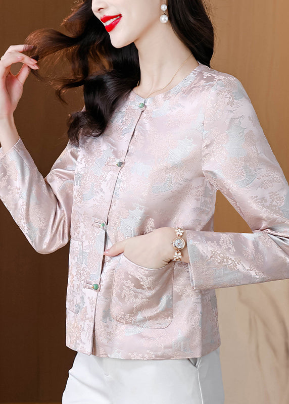 Elegant Pink O Neck Button Pockets Silk Coat Fall QO010 MZF-CTS241008