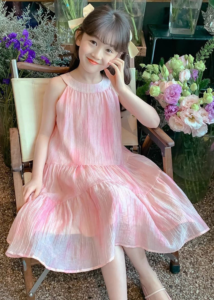 Elegant Pink O Neck Lace Up Chiffon Girls Dress Sleeveless EW060 WS-RCTZSDGL240809