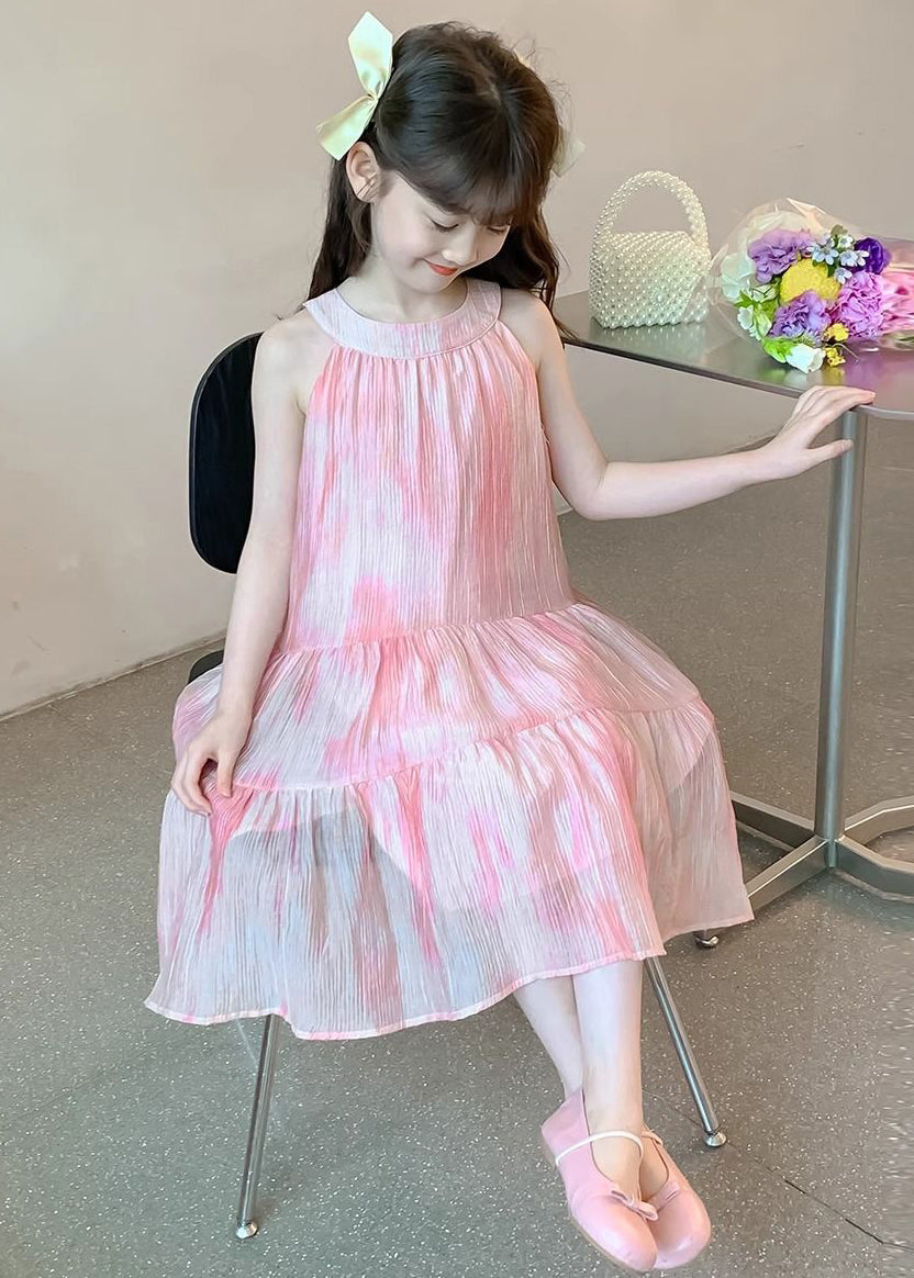 Elegant Pink O Neck Lace Up Chiffon Girls Dress Sleeveless EW060 WS-RCTZSDGL240809