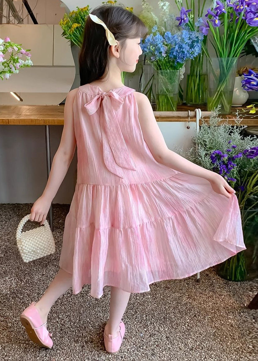 Elegant Pink O Neck Lace Up Chiffon Girls Dress Sleeveless EW060 WS-RCTZSDGL240809