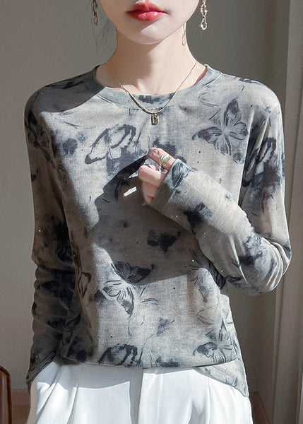 O-Neck Print Elegant Fall Pink Top UPF Shirt Cotton 50+ FashionChic