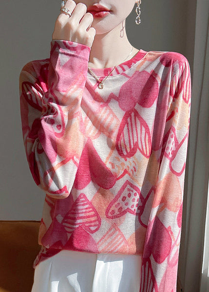 O-Neck Print Elegant Fall Pink Top UPF Shirt Cotton 50+ FashionChic