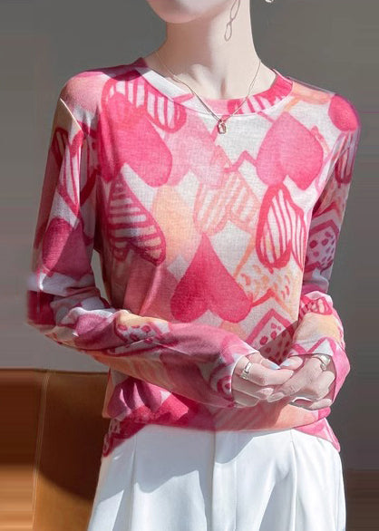 O-Neck Print Elegant Fall Pink Top UPF Shirt Cotton 50+ FashionChic