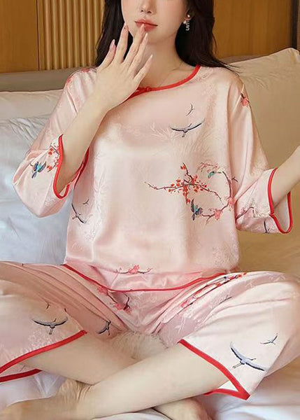 Elegant Pink O Neck Print Ice Silk Pajamas Two Pieces Set Half Sleeve YK004 ABC