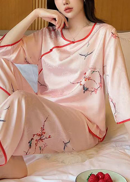 Elegant Pink O Neck Print Ice Silk Pajamas Two Pieces Set Half Sleeve YK004 ABC