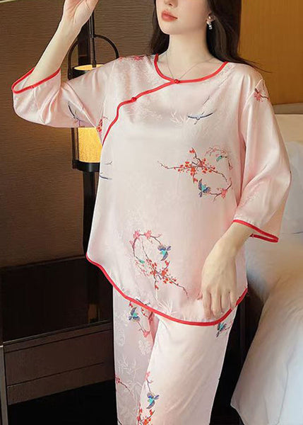 Elegant Pink O Neck Print Ice Silk Pajamas Two Pieces Set Half Sleeve YK004 ABC