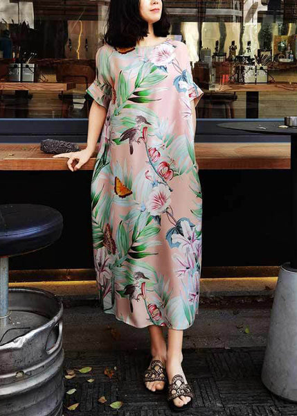 Elegant Pink O Neck Print Silk Long Dresses Summer AP002 GK-SDL240718