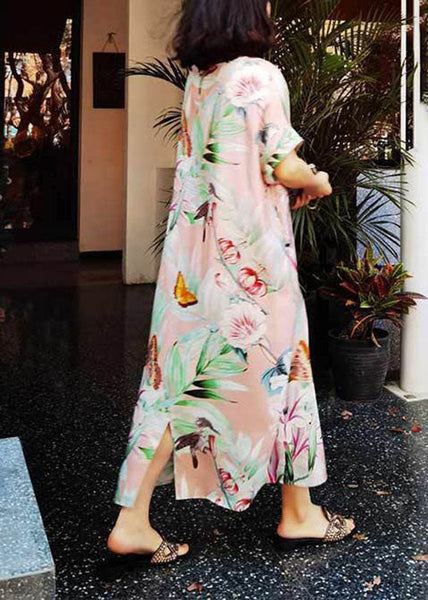 Elegant Pink O Neck Print Silk Long Dresses Summer AP002 GK-SDL240718