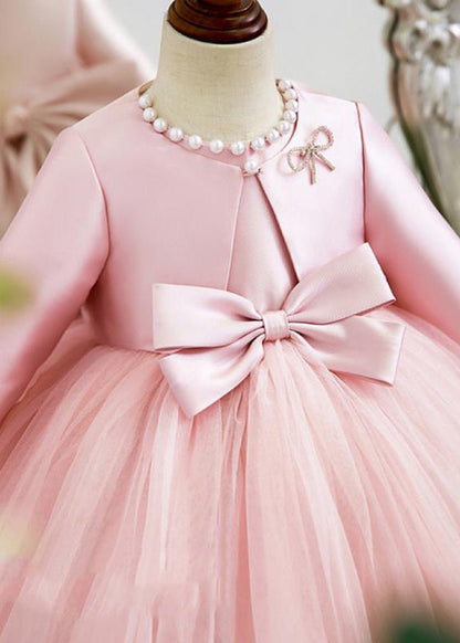 Elegant Pink Patchwork Tulle Girls Coats And Long Dress Two Pieces Set Spring YS029 ABC