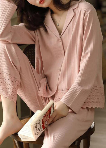 Pan Elegant Cotton Two Hollow Pink Pajamas Peter Out Collar FashionChic