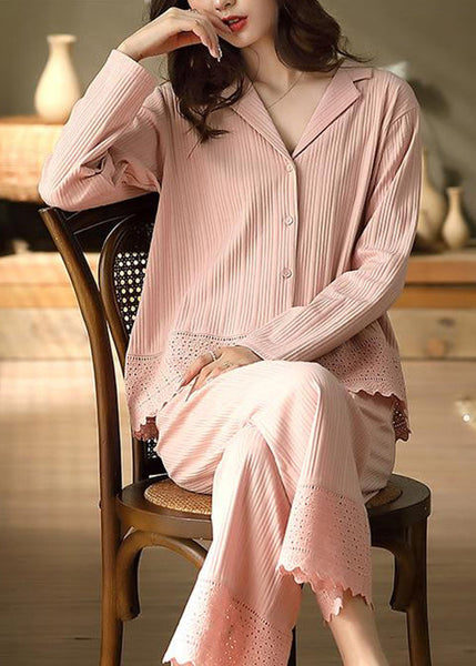 Pan Elegant Cotton Two Hollow Pink Pajamas Peter Out Collar FashionChic