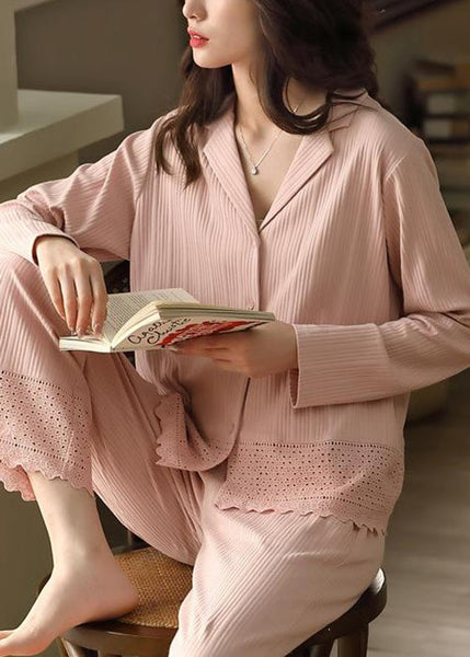 Pan Elegant Cotton Two Hollow Pink Pajamas Peter Out Collar FashionChic
