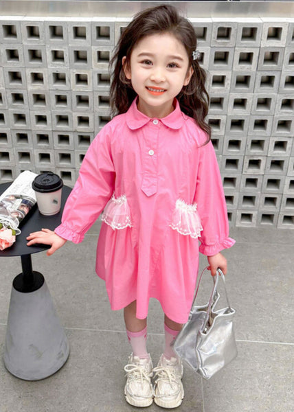 Elegant Pink Peter Pan Collar Patchwork Button Kids Long Shirts Dress Fall SS1049 MM-RCTZ-FDL240601
