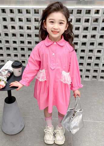 Elegant Pink Peter Pan Collar Patchwork Button Kids Long Shirts Dress Fall SS1049 MM-RCTZ-FDL240601