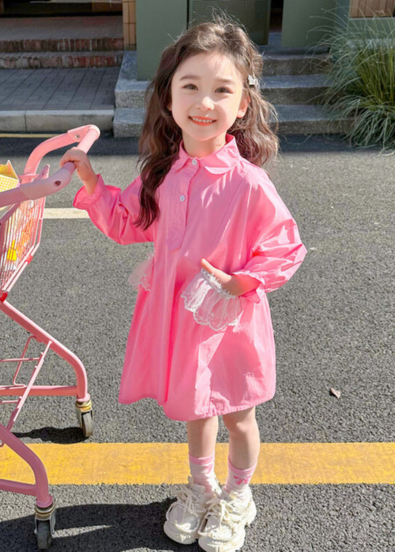 Elegant Pink Peter Pan Collar Patchwork Button Kids Long Shirts Dress Fall SS1049 MM-RCTZ-FDL240601