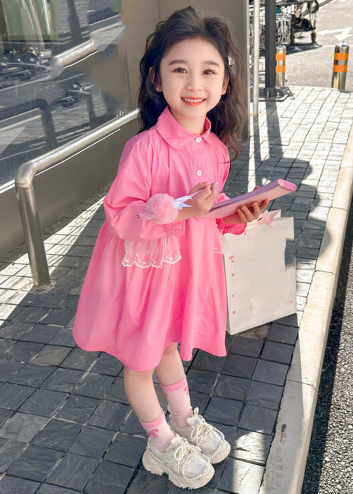 Elegant Pink Peter Pan Collar Patchwork Button Kids Long Shirts Dress Fall SS1049 MM-RCTZ-FDL240601