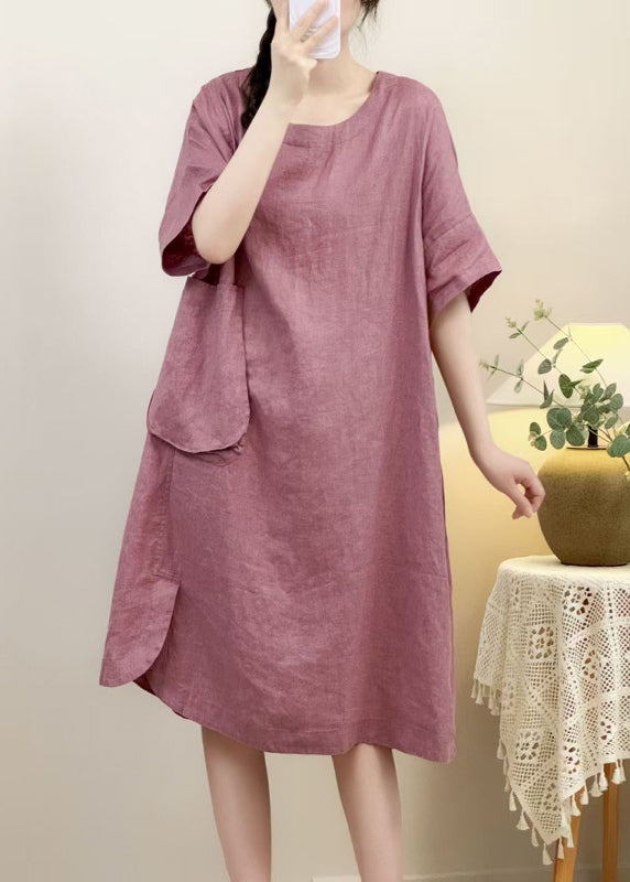Sleeve Pockets Dress Open Side Elegant Pink Linen Half FashionChic