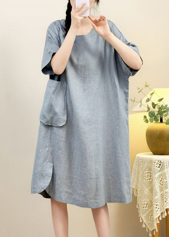 Sleeve Pockets Dress Open Side Elegant Pink Linen Half FashionChic