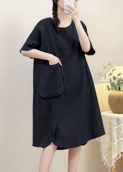 Sleeve Pockets Dress Open Side Elegant Pink Linen Half FashionChic