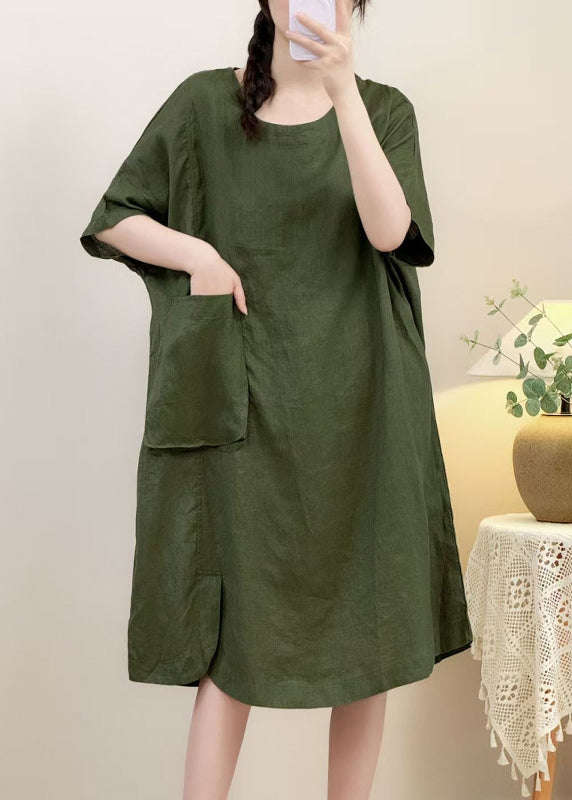 Sleeve Pockets Dress Open Side Elegant Pink Linen Half FashionChic