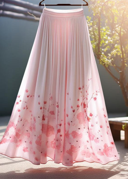 Pink Waist Skirt Chiffon Elegant Elastic Print Summer FashionChic