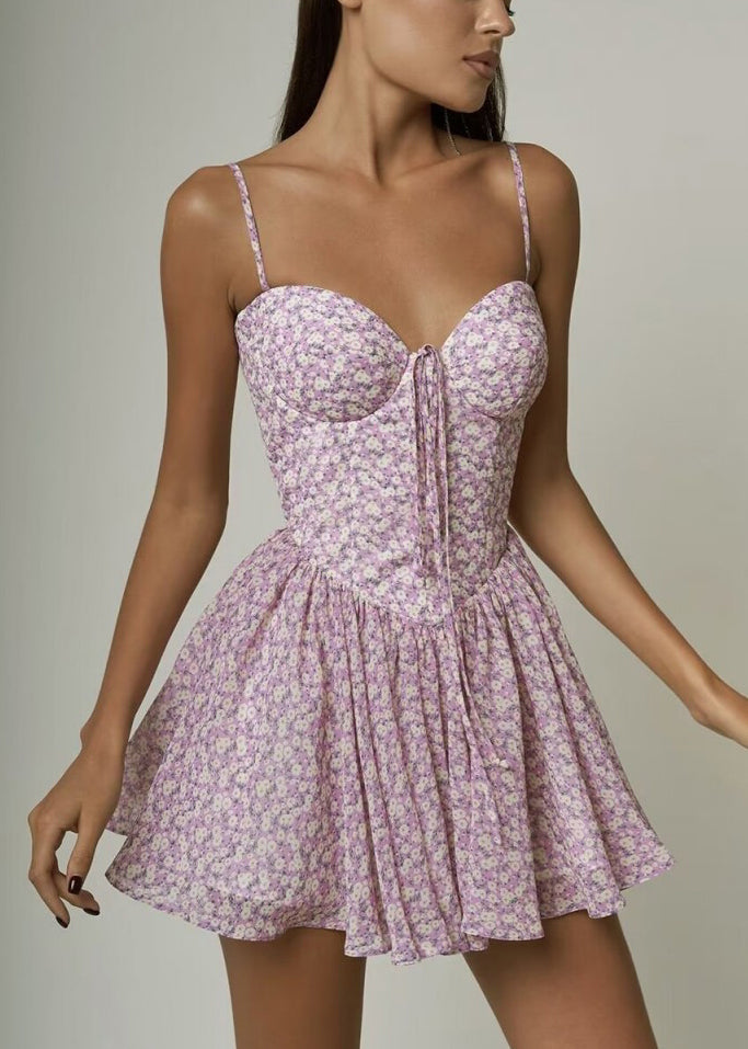 Lace Pink Dress Strap Sleeveles Up Elegant Spaghetti Cotton Print FashionChic