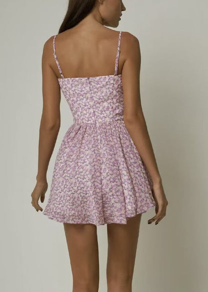 Lace Pink Dress Strap Sleeveles Up Elegant Spaghetti Cotton Print FashionChic