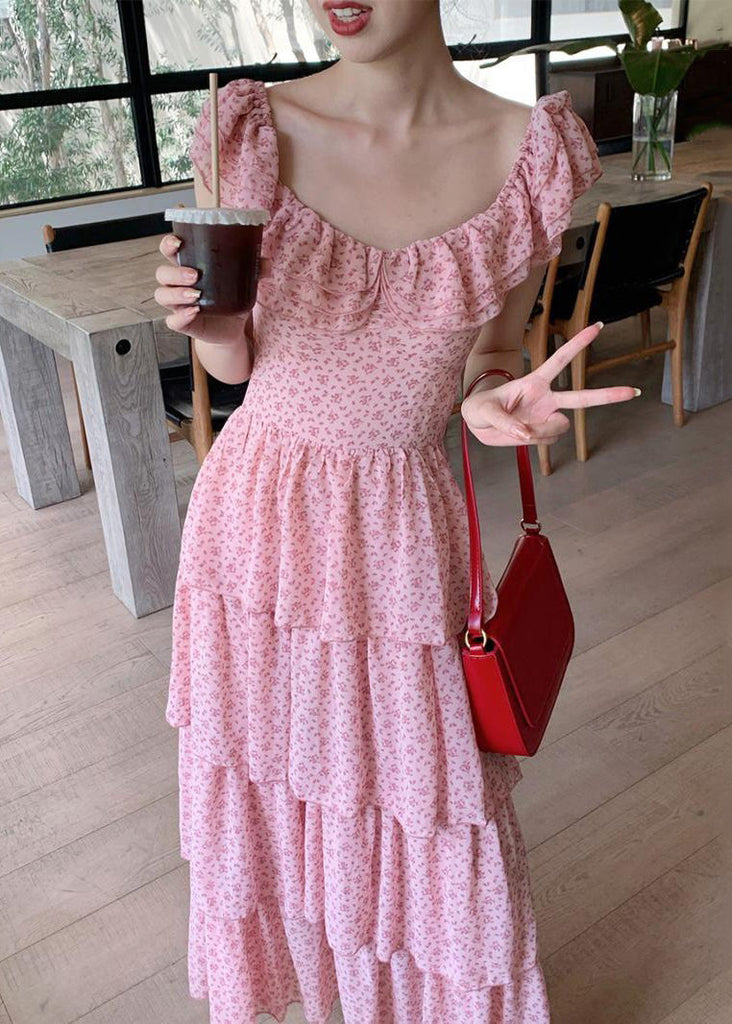 Elegant Pink Ruffled Print Chiffon Long Dress Summer XX044 SH-LF-SDL240611