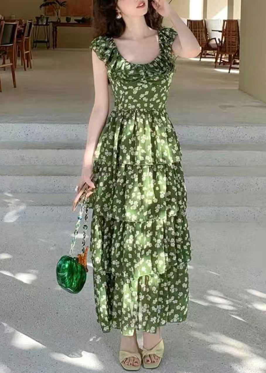 Elegant Pink Ruffled Print Chiffon Long Dress Summer XX044 SH-LF-SDL240611