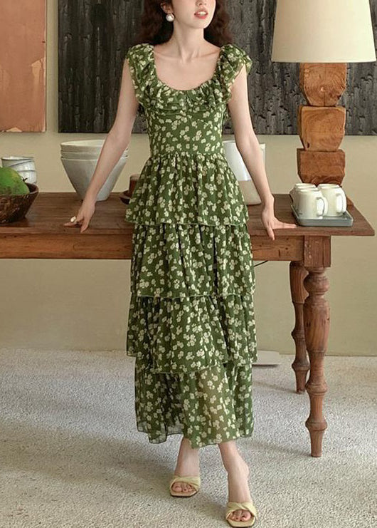 Elegant Pink Ruffled Print Chiffon Long Dress Summer XX044 SH-LF-SDL240611