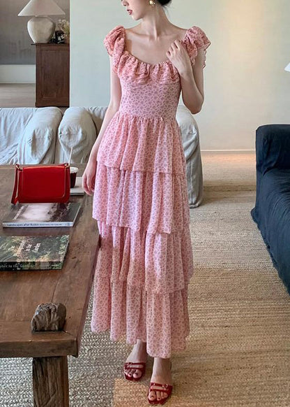 Elegant Pink Ruffled Print Chiffon Long Dress Summer XX044 SH-LF-SDL240611