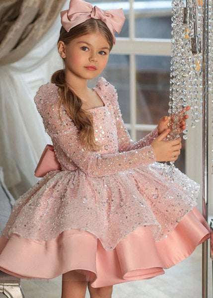 Elegant Pink Square Collar Bow Sequins Tulle Girls Maxi Dresses Spring YS038 ABC