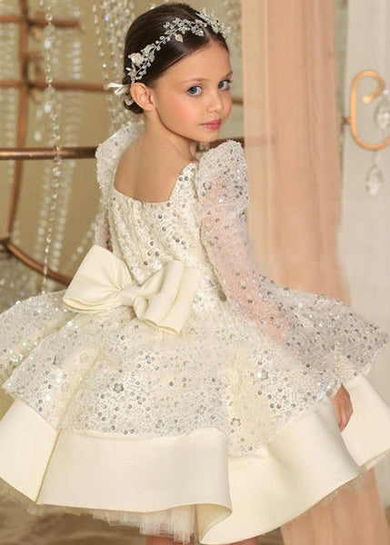 Elegant Pink Square Collar Bow Sequins Tulle Girls Maxi Dresses Spring YS038 ABC