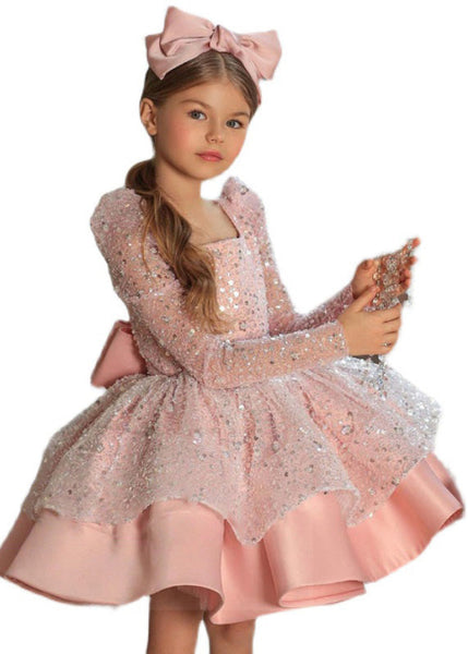 Elegant Pink Square Collar Bow Sequins Tulle Girls Maxi Dresses Spring YS038 ABC