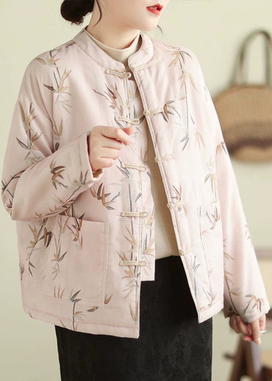 Elegant Pink Stand Collar Button Print Thick Coats Winter QG023 OM-DJK241016