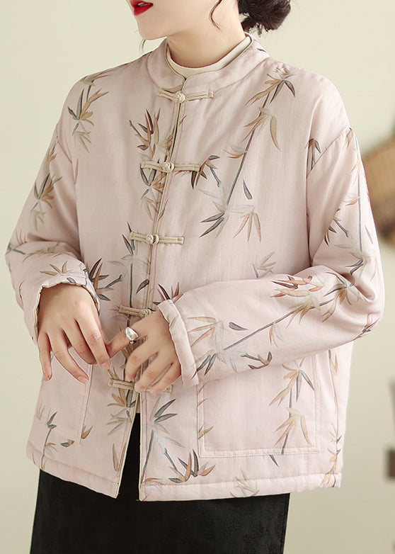 Elegant Pink Stand Collar Button Print Thick Coats Winter QG023 OM-DJK241016
