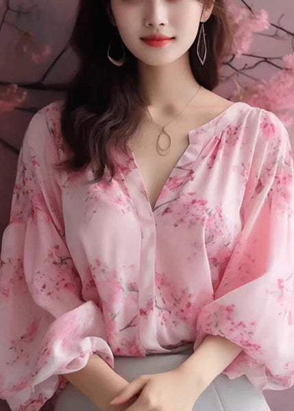 Elegant Pink V Neck Print Chiffon Blouses Bracelet Sleeve KJ018 ZS-HTP240715