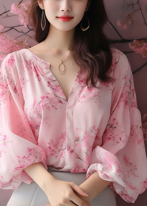 Elegant Pink V Neck Print Chiffon Blouses Bracelet Sleeve KJ018 ZS-HTP240715