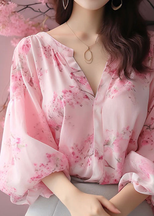 Elegant Pink V Neck Print Chiffon Blouses Bracelet Sleeve KJ018 ZS-HTP240715