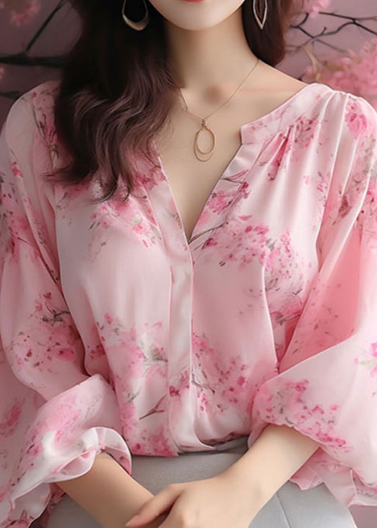 Elegant Pink V Neck Print Chiffon Blouses Bracelet Sleeve KJ018 ZS-HTP240715