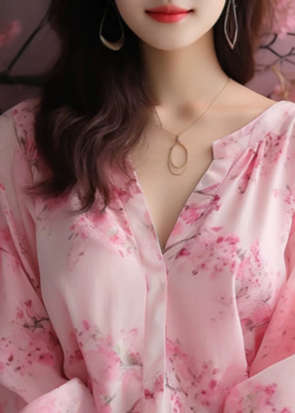 Elegant Pink V Neck Print Chiffon Blouses Bracelet Sleeve KJ018 ZS-HTP240715